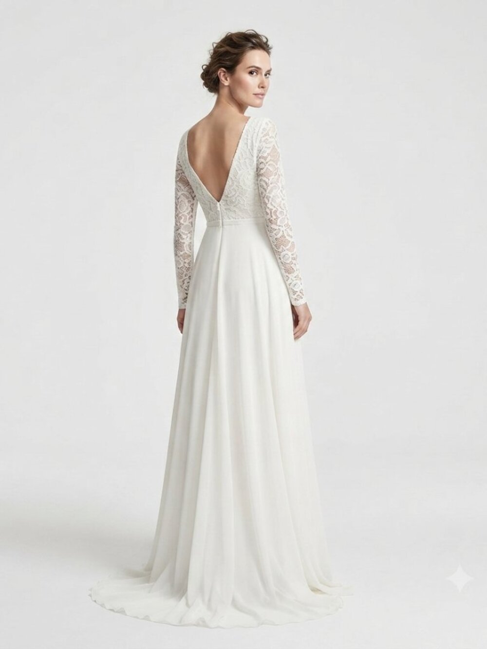 BRIDAL WHITE LACE LONG SLEEVE BACKLESS V-NECKLINE TRAINED WEDDING GOWN DRESS